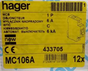 Автоматический выключатель Hager MC106A 1P 6kA C-6