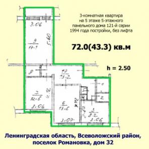 Трехкомнатная квартира 72 кв.м в поселке Романовка